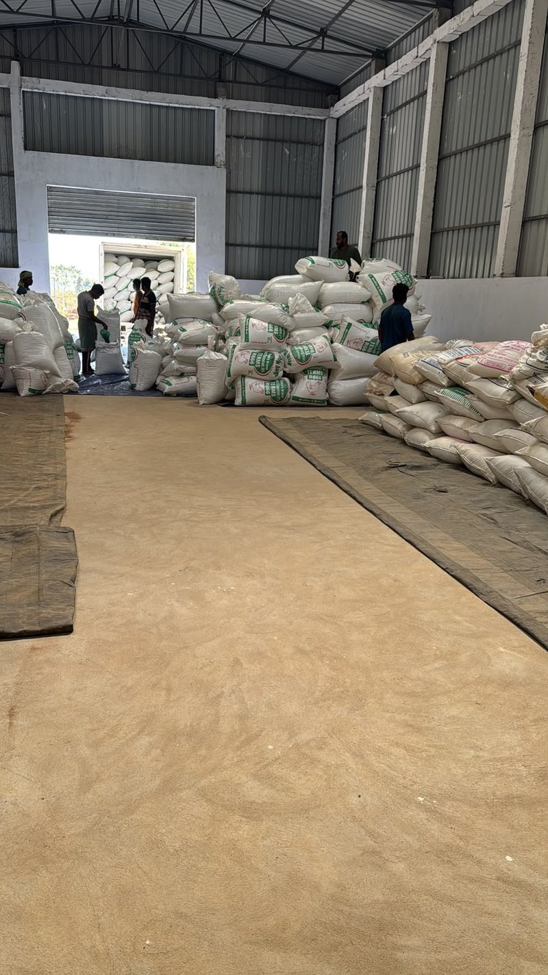 Green coffee warehouse facility with stacked grain sacks